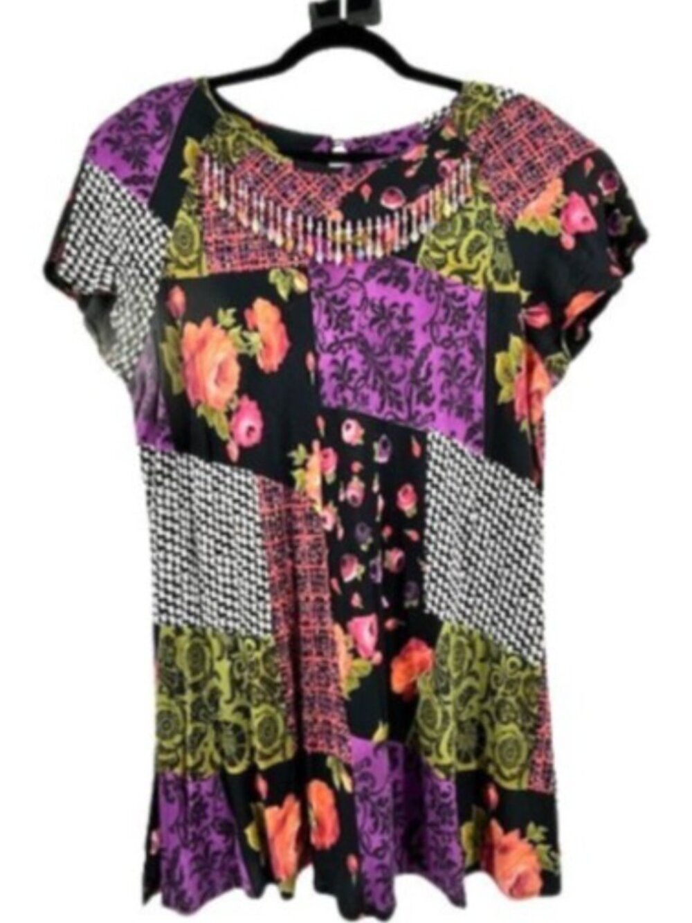 K Studio Women's Size 16 Patchwork Floral Roses Beaded Neck Boho Hippie Blouse